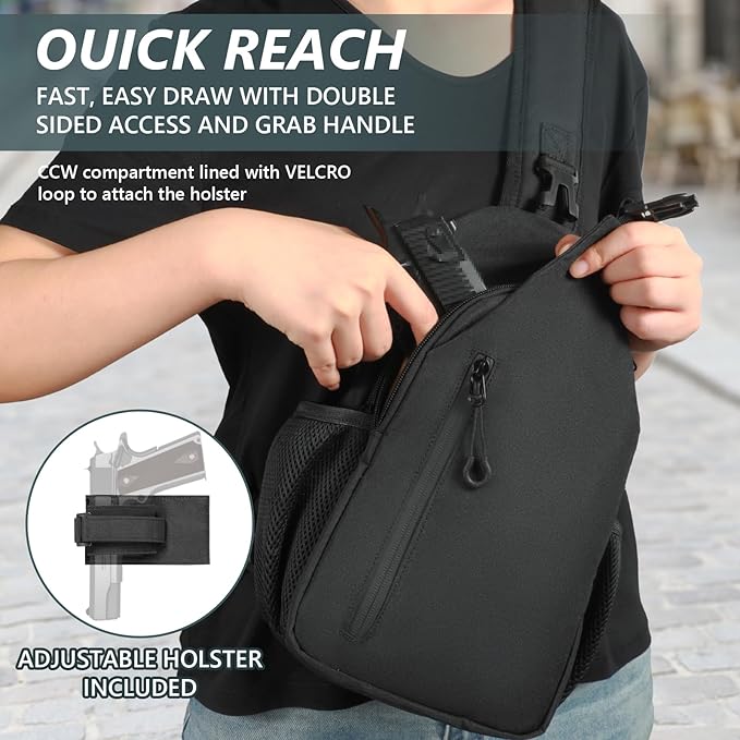 CCW Sling Chest Bag - Tactical Crossbody Backpack for Concealed Carry with Hidden Holster Compartment | Mid-Zip Gun Pocket, Water-Resistant