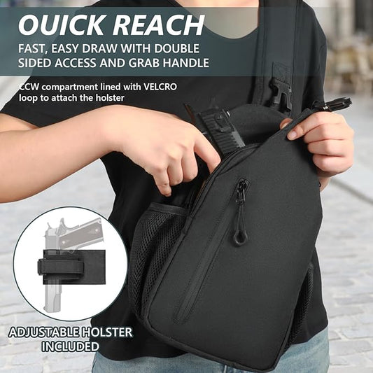 CCW Sling Chest Bag - Tactical Crossbody Backpack for Concealed Carry with Hidden Holster Compartment | Mid-Zip Gun Pocket, Water-Resistant