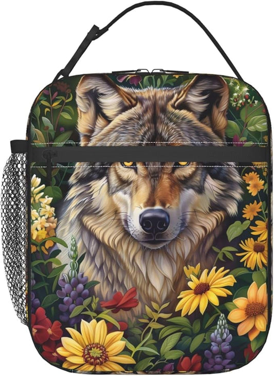 Wolf Lunch Box for Women Adults Kids, Insulated Cooler Lunch Bag for School, Picnic, Office, Work, Travel, Portable Reusable Polyester Thermal Tote Lunch Bags (Wolf Floral)