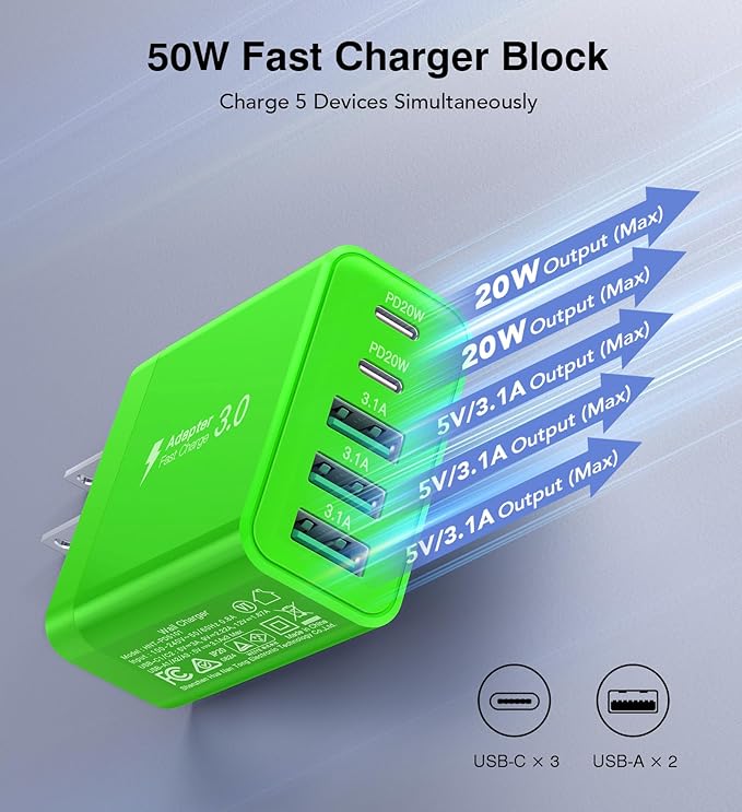 [2-Pack] USB C Wall Charger, 50W Fast USB C Charger Block, 5-Port PD Power Adapter + QC Wall Plug Multiport Type C Charging Block Cube Compatible with iPhone 16 15 14 13 12 11 Pro Max XR XS, Green
