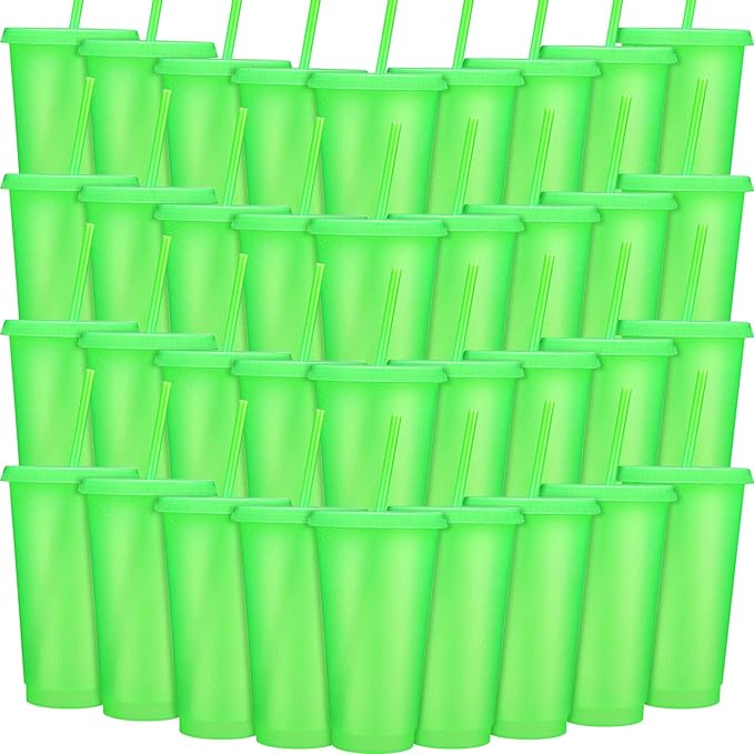 Honeydak 60 Pack Tumbler with Straw and Lid Bulk Glitter Plastic Cups Water Bottle Iced Coffee Travel Mug Reusable Party Favor Cups for Birthdays travel 24-27 oz (Fluorescent Green)