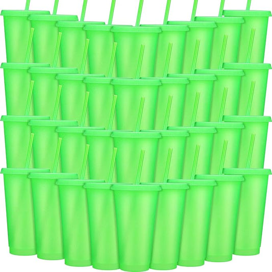 Honeydak 60 Pack Tumbler with Straw and Lid Bulk Glitter Plastic Cups Water Bottle Iced Coffee Travel Mug Reusable Party Favor Cups for Birthdays travel 24-27 oz (Fluorescent Green)