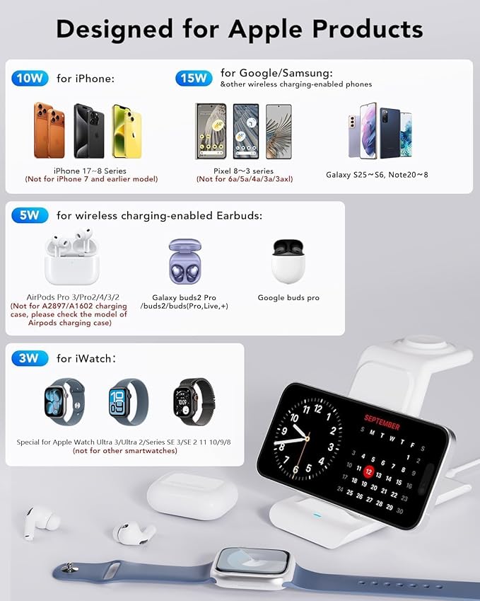 HATALKIN 3 in 1 Wireless Charging Station Compatible for Apple Products Multiple Devices Charger for Apple Watch Ultra 11 10 9 8 7 SE AirPods Pro iPhone 17 16 15 14 13 Pro Max/X/XS Fast Charger Stand