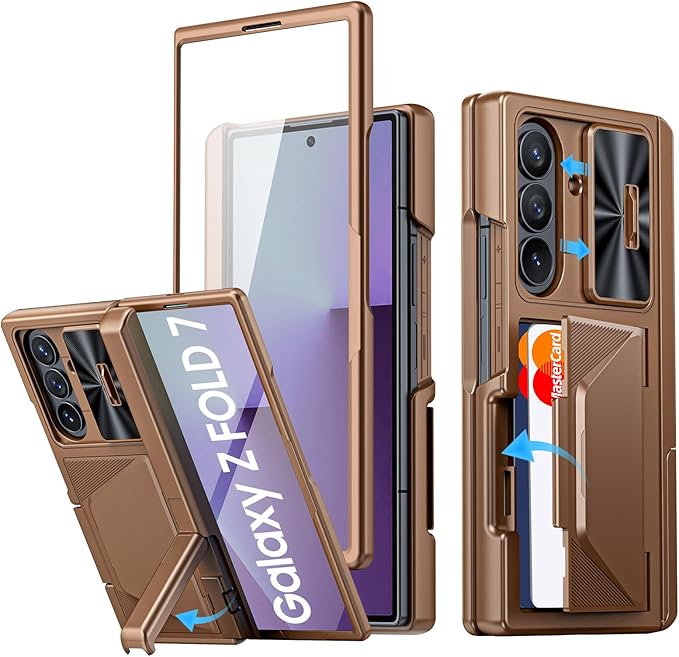 for Samsung Galaxy Z Fold 7 Case with Card Holder RFID Blocking, Built in Slide Lens Cover & Hinge Protection & Kickstand & Screen Protector, Shockproof Wallet Case for Z Fold 7 (Desert Gold)