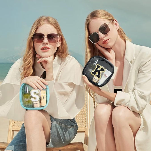 YOOLIFE Initial Makeup Bag Travel Toiletry Bag, Clear Makeup Bag Car Accessories For Women Clear Makeup Bags With Zipper Girlfriend Teacher 13 Year Old Girl Gifts Daughter Girl Gifts Mini Black L