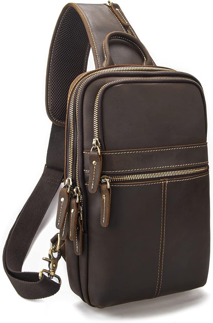 Vintage Full Grain Leather Sling Bag for Men, Crossbody Shoulder Chest Travel Hiking Daypacks Bag for 11 inch iPad, Brown