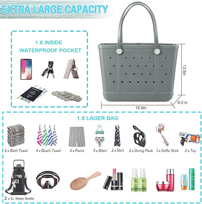 Beach Bag X Large Rubber Tote Bag, Waterproof Washable Open for Women Croc Bag Hand Bag for Beach Pool Yoga