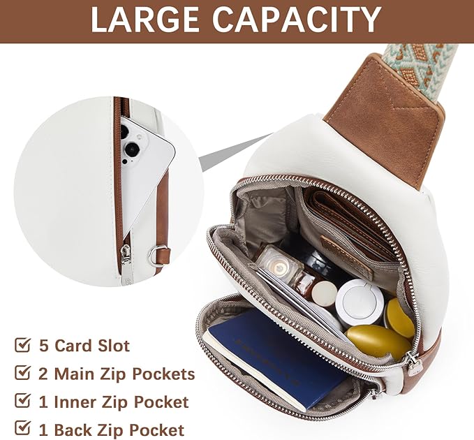 BOSTANTEN Sling Bag for Women Leather Crossbody Bag Vintage Cross Body Purse for Travel with Guitar Strap, Bohemian Style