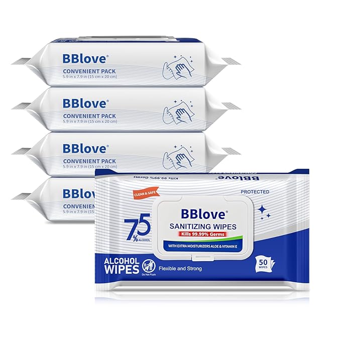 75% Alcohol Unscented Sanitizer Wipes, Moisturizing Hand Sanitizing Wet Wipes with Aloe Vera, 200-Count Bulk Pack with Travel-Friendly Design, 50 Count x 4 Packs