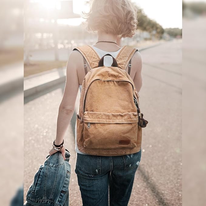 Muzze Canvas Backpack for Women and Men, Lightweight Classic Laptop Backpack with USB Charging Port for School, Travel and Daily Use, Khaki