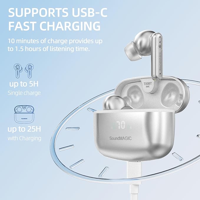 SoundMAGIC T80BT ANC True Wireless Earbuds with Hi-Res Audio,Hibrid Active Noise Cancelling, ENC Call Clarity, 20H Playtime, IPX5 Waterproof, Ultra-Comfy Fit for Sports/Work/Gaming (Silver)