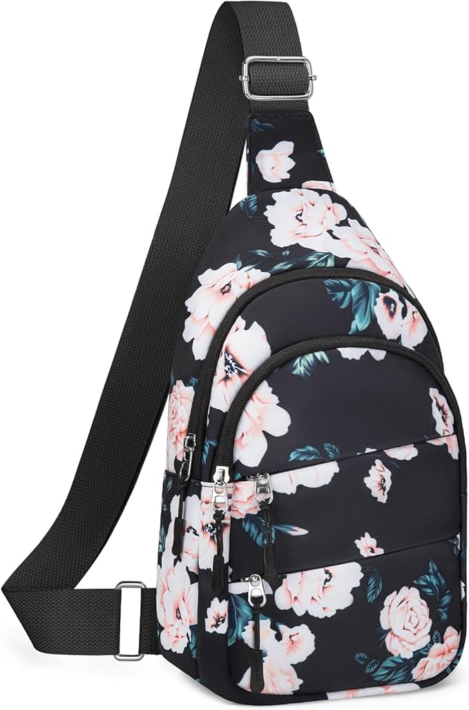 Crossbody Bags for Women, Sling Bag for Men, Small Hiking Backpack Anti Theft Lightweight for Outdoors Travel （M, Black Floral）