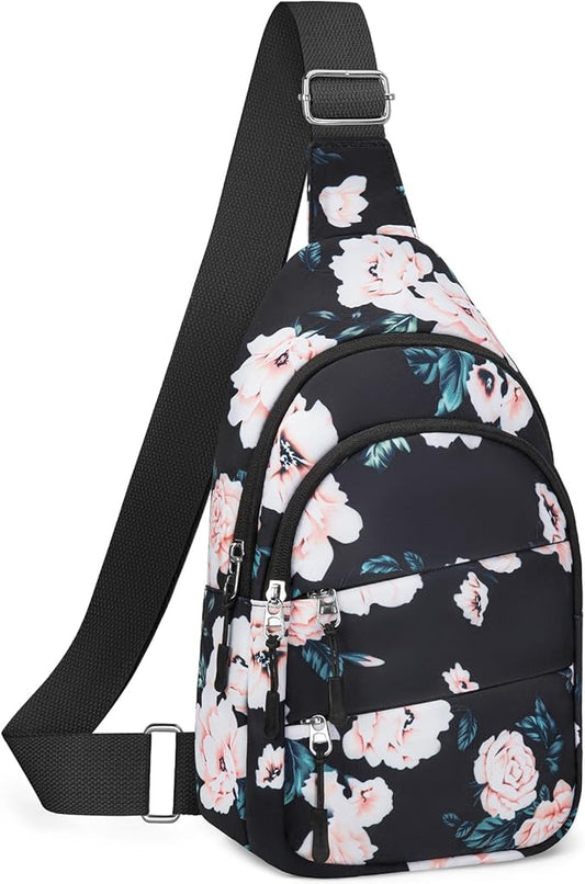Crossbody Bags for Women, Sling Bag for Men, Small Hiking Backpack Anti Theft Lightweight for Outdoors Travel （M, Black Floral）