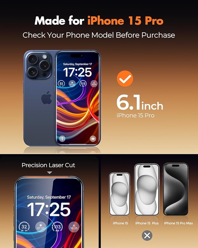 UNBREAKcable Anti-Glare Screen Protector for iPhone 15 Pro [2-Pack], 9H Hardness Tempered Glass, Anti-fingerprint, Enhanced Clarity, Anti-Blue Light, Easy to Install, Polishing Cloth Included