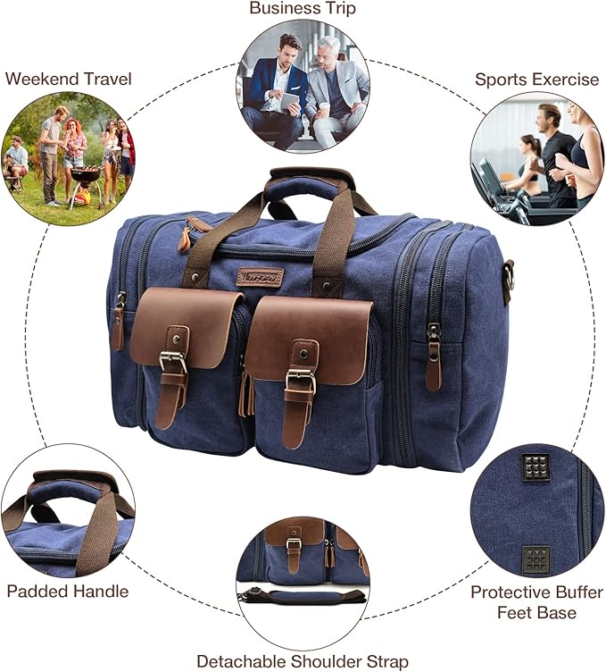 Wildroad 50L Travel Duffel Bag, Expandable Canvas Genuine Leather Duffle Bag Upgraded Overnight Weekender Carry on Bag