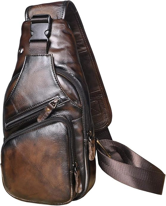 Le'aokuu Men Fashion Casual Tea Designer Travel Hiking Crossbody Chest Sling Bag Rig One Shoulder Strap Bag Men Leather 8015