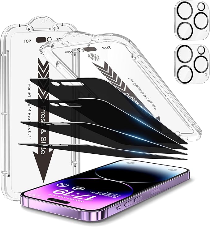 EZ-GLAZ-4+2 Pack for iPhone 14 Pro Max Privacy Screen Protector[6.7 inches] With Camera Lens Protector, [Drop Protection] 9H Hardness Full Coverage Anti-Spy Tempered Glass Film, Easy to install