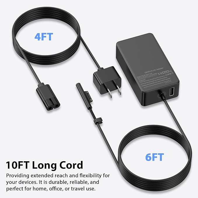 Surface Pro Charger 65W for Microsoft Surface Pro Charger 10,9, 8, 7+, 7, 6, 5, 4, 3, X, Windows Surface Laptop 5, 4, 3, 2, 1, Studio Surface Go Tablet, Surface Book 3, 2, 1,10FT Cord,Support 44W 36W