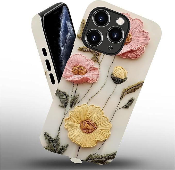 Case for iPhone 11 Pro Max Case,Faux Embroidery Boho Floral Design - Hybrid Dual Protection Silicone + Hard PC Shockproof Full Body Cover Slim Anti-Scratch Protective Case for Men Women