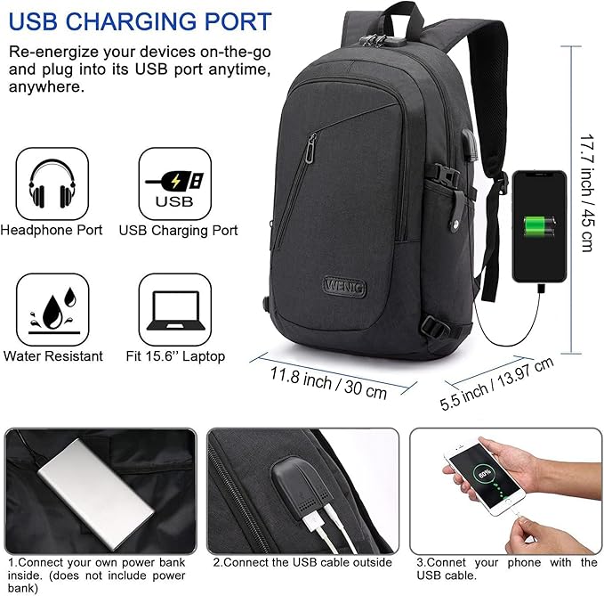 WENIG Anti-Theft Travel Laptop Backpack with USB Charging Port Lock,Water Resistant Slim Work Computer Bag for Men College Bookbags Fits 15.6 Inch Laptop