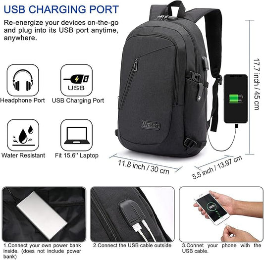 WENIG Anti-Theft Travel Laptop Backpack with USB Charging Port Lock,Water Resistant Slim Work Computer Bag for Men College Bookbags Fits 15.6 Inch Laptop