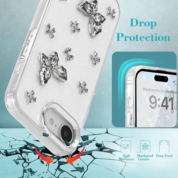 EYZUTAK Case for iPhone 16e, Bling Glitter 3D Butterflies Bowknot Phone Case Cute Crystal Clear Bow Aesthetic Case Slim Soft Durable TPU Transparent Protective Cover for Women Girls - Butterfly