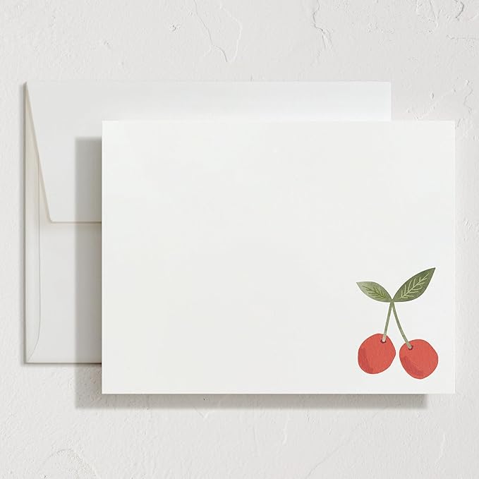 Minted Twin Cherries Stationery Set, Set of 10, Flat Note Cards & Envelopes for Invitiations and Handwritten Thank You Messages, Red Cherry Fruit Illustration, Gifts for Men and Women, Luxurious Paper