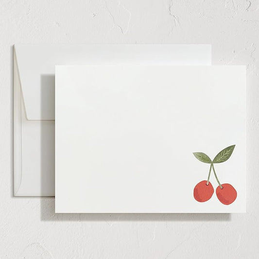 Minted Twin Cherries Stationery Set, Set of 10, Flat Note Cards & Envelopes for Invitiations and Handwritten Thank You Messages, Red Cherry Fruit Illustration, Gifts for Men and Women, Luxurious Paper