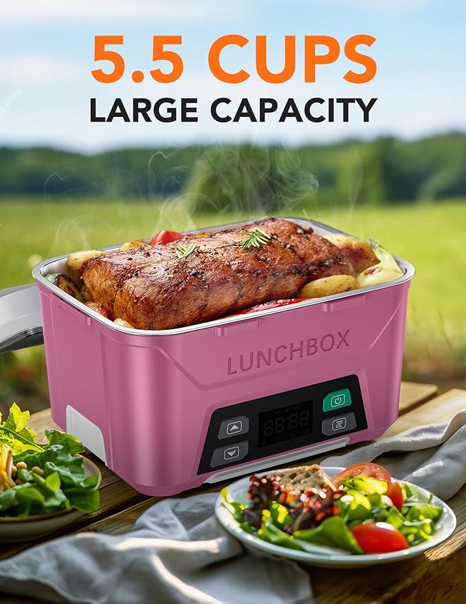 EAST OAK Cordless Electric Lunch Box for Adults, Heated Lunch Box Battery Powered with Automatic Heating, 5.5 Cups Portable Food Warmer with Removable Tray Divider