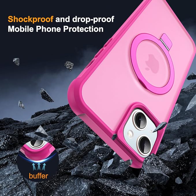Compatible with iPhone 15 Plus Case with Invisible Magnetic O-Ring Stand Military-Grade Translucent Case for iPhone 15 Plus 6.7" [Compatible with Mag-Safe][Great Grip Feeling], Rose