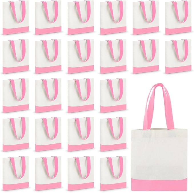 Amylove 24 Pcs Mini Tote Bag Sublimation Blank Canvas Tote Bags Reusable Grocery Luggage DIY Sack Goody for Party Even (8.5 x 8 Inch,White with Pink Handle)
