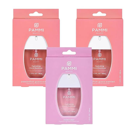 PAMMI Hand Sanitizer Spray Travel Size - Mini Scented Hand Sanitizer Spray Quicky Dry, Pocket Scented Hand Saniztier - 600-Sprays (3 Packs (2 Guava, 1 Rose))