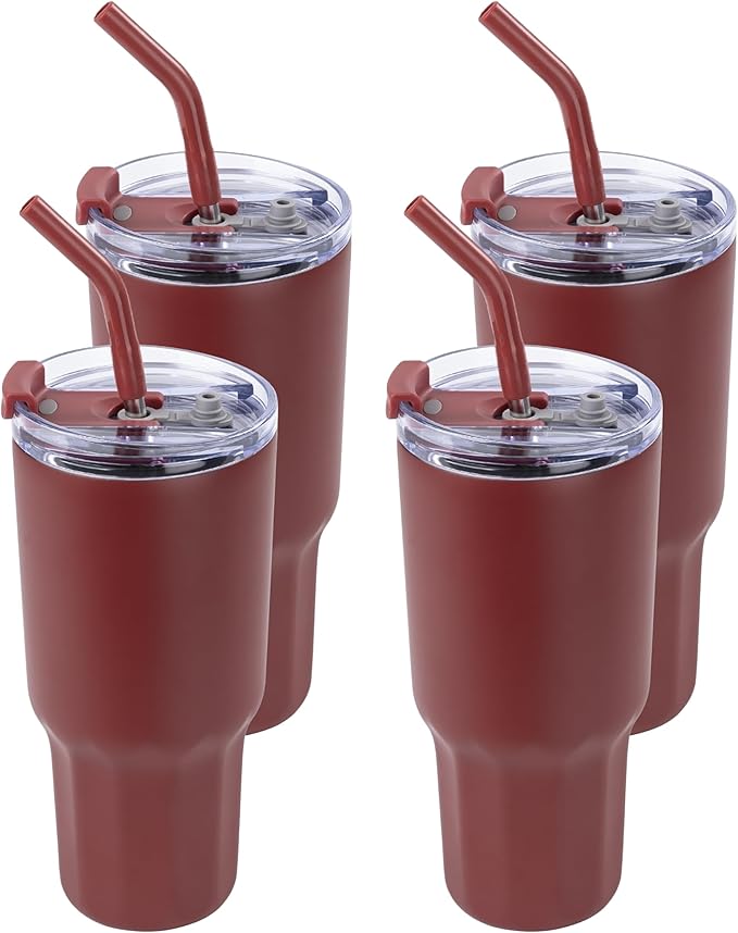 VEGOND 30 oz Insulated Stainless Steel Tumblers with lid and straw Bulk Pack Double Wall Vacuum Coffee Mug with Non-Slip Silicone Base, Sweat Proof Powder Coated Cup for Hot Cold Drinks, Red 4Pack