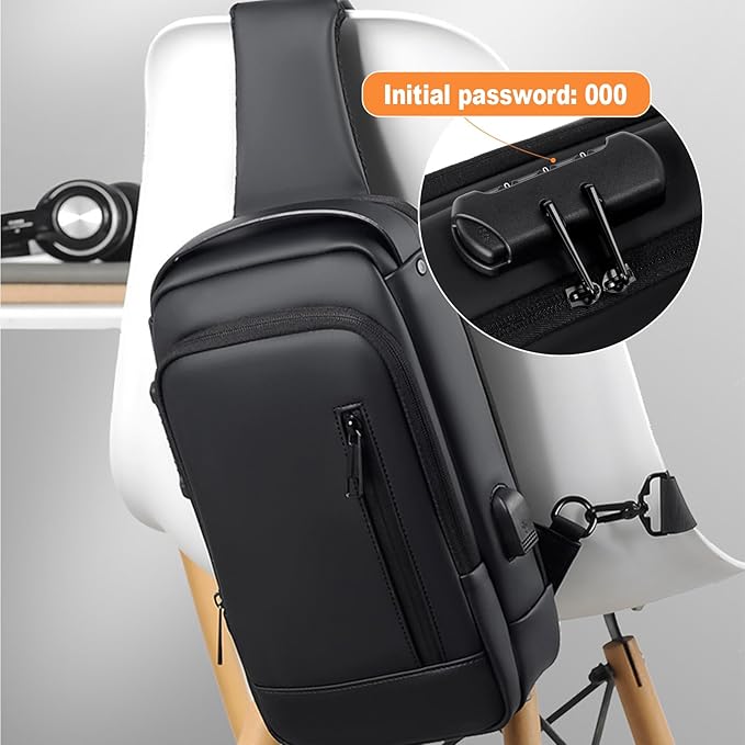 Sling Bag for Men | Anti-theft Crossbody USB PU Leather Shoulder Bag Chest Bag for Daily use Waterproof Lightweight One Strap Backpack, Black