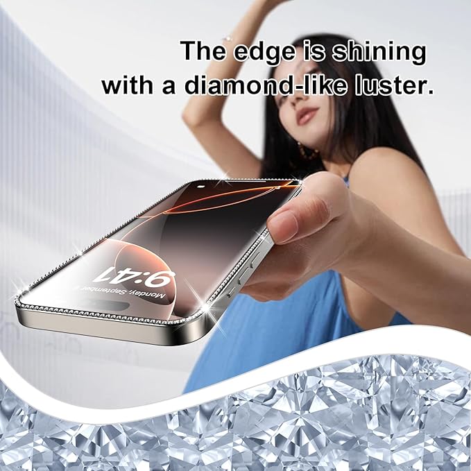 OneFish Women Fashion Privacy Screen Protector for iPhone 14 Plus [6.7 inch]+ Camera Lens Protector, Sparkling Diamond Bling Edge 9H Tempered High-Definition Glass