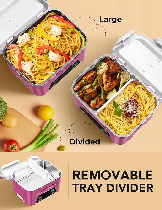 EAST OAK Cordless Electric Lunch Box for Adults, Heated Lunch Box Battery Powered with Automatic Heating, 5.5 Cups Portable Food Warmer with Removable Tray Divider