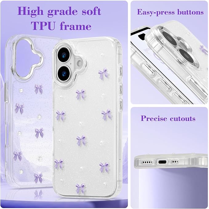 EYZUTAK Case for iPhone 16, Bling Glitter 3D Bowknot Phone Case Cute Sparkly Crystal Clear Bow Aesthetic Design Case Slim Soft Durable TPU Transparent Protective Cover for Women Girl - Purple Bow