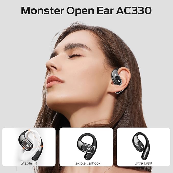 Monster Open Ear Headphones AC330, Wireless Earbuds Bluetooth 5.4 with Clear Talk, Stylish Rotating Case with Lanyard, Type-C Charging, Comfort Fit, 24H Playback, IPX5 Water Resistant, Black