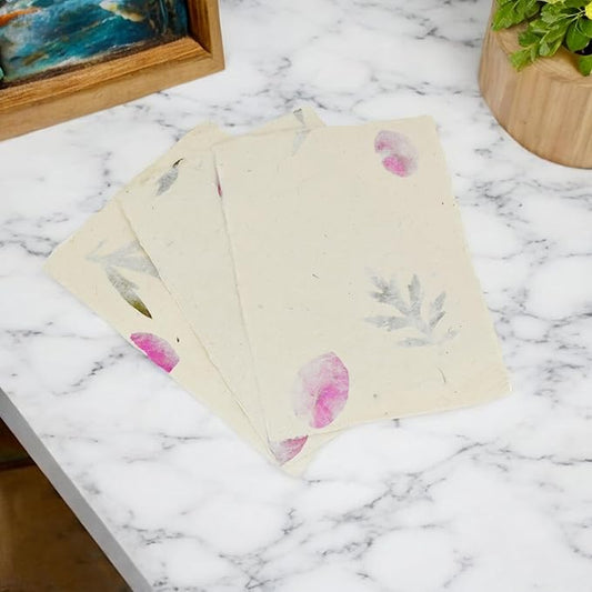 Handmade Lokta Card Stock 5x7 Inch Deckle-edge Paper with Bougainvillea Petal and Titepati leaves. for Vintage Stationery, Printing, and Decorative Invitations (25 Sheets, Forest Wanderer)