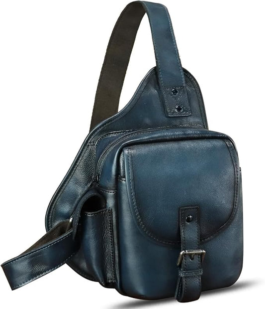 Genuine Leather Sling Bag for Men Women Chest Bag Crossbody Bag Vintage Sling Backpack Purses Hiking Sports Travel (Blue)