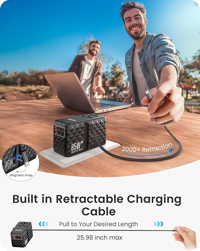 LENCENT 85W Universal Travel Power Adapter with Retractable USB C Cable, GaN International Travel Adapter with 1 USB-A & 3 Type C Fast Charging, Worldwide Plug Adaptor for US to EU UK Type C/G/A/I