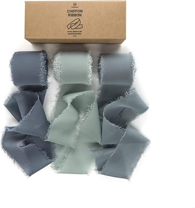 Vitalizart Dusty Blue Handmade Chiffon Silk Ribbon Fringe 1.5" x 21 Yd Frayed Edges Ribbons for Wedding Invitations Bridal Bouquets Gifts Wrapping Crafts Holiday Party Decorations