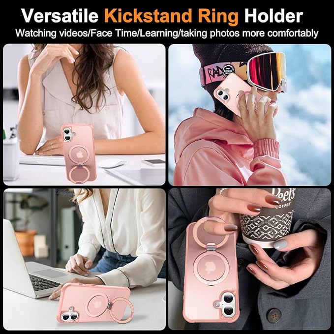 Magnetic Compatible with iPhone 16 Plus Case with Stand [Military Grade Drop Tested][Compatible with Magnet] Ring Translucent Slim Hard Back Soft Edge, Pink