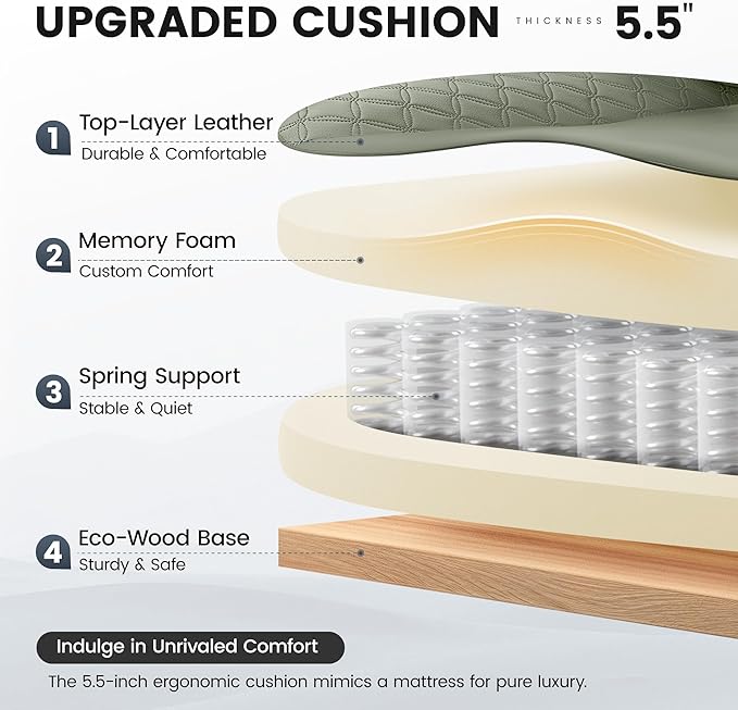 Office Desk Chair, Big and Tall Leather Gaming Chair with Footrest, Wide Ergonomic Comfy Executive High-Back Reclining Computer Chairs, Swivel Rolling Wheels and Padded Lumbar Support, Green