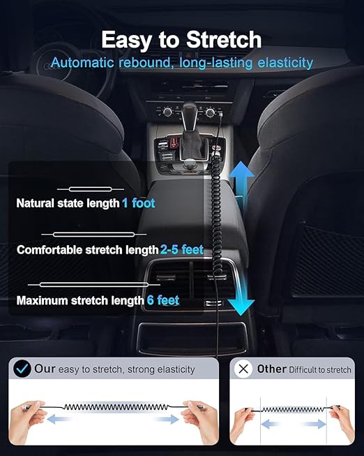 USB C Cable for Car 3FT/6FT, Coiled USB C to USB C Cable Fast Charging 66W, Braided USB Type C Charger Cord Compatible with iPhone 17 16 15 Pro Max, Samsung, Google Phones and More Type C Devices