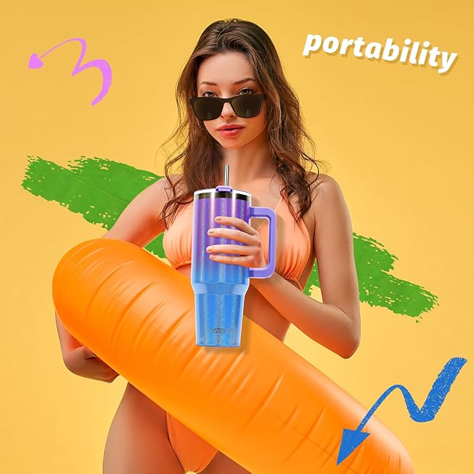 40 oz Shiny Tumbler with Handle and Straw,Stainless Steel Tumbler with Lid and Straw,Insulated Travel Mug(Cold for 34 Hours),Water Bottle for Iced Tea,Coffee (Purple)