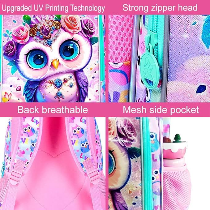 16" Backpack for Girls, 3Pcs Owl Kids Bookbag for Elementary Preschool Kindergarten, School Backpacks with Lunch Box(Pink)