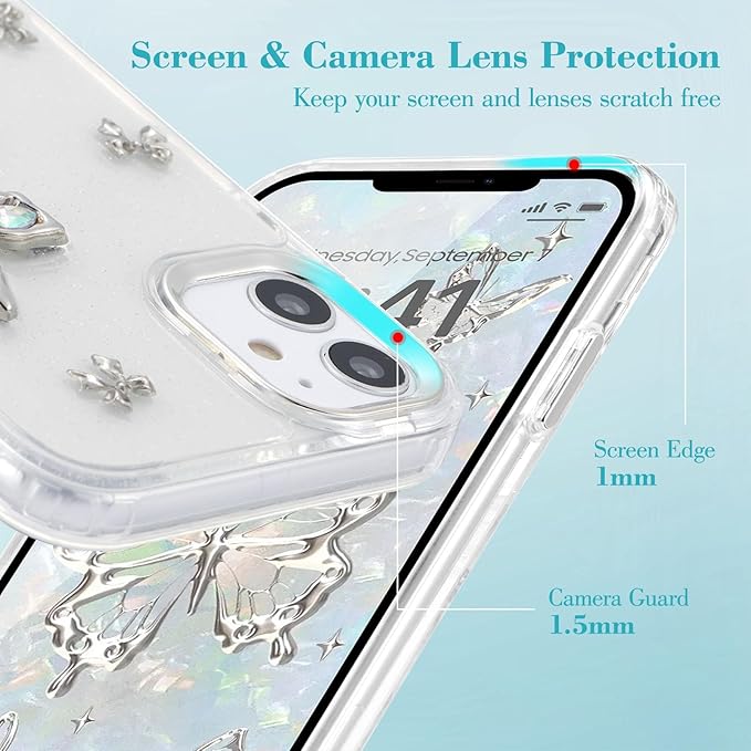 EYZUTAK Case for iPhone 12/iPhone 12 Pro, Bling Glitter 3D Butterflies Bowknot Phone Case Cute Crystal Clear Bow Aesthetic Case Slim Soft Durable TPU Transparent Protective Cover for Women - Butterfly