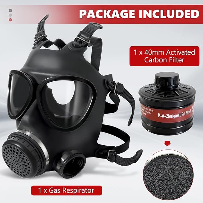Full Face Respirator Reusable Gas Mask, Survival Nuclear and Chemical Gas Masks with 40mm Activated Carbon Filter in Vapor, Chemical, Gas, Paint Spary, Woodworking and Other Work Protection