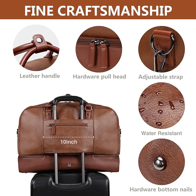 4PCS Duffle Bag for Travel, Weekender Overnight Bag for Women & Men, Large Leather Duffel Carry On with Shoe Compartment, Gym Sports Bag (Brown)